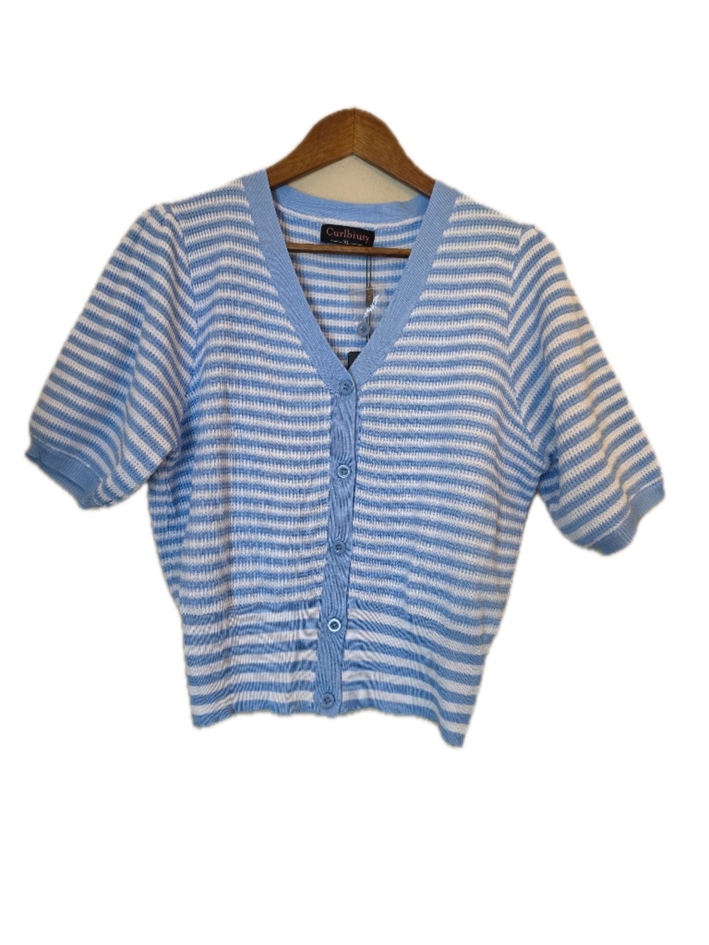Curlbiuty Cardigan Womens XL Blue Short Sleeve Striped V-Neck Lightweight Knit